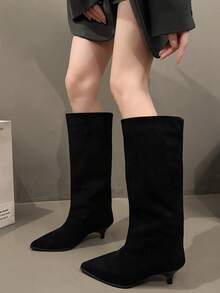 Fall/Winter French Blogger Style Pointed Toe Thigh High Boots, Ins Nordic Kitten Heel Equestrian Boots For Women - Black - View 4
