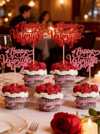 5个闪亮红色情人节快乐蛋糕装饰插牌，心形设计，浪漫情人节派对蛋糕装饰用品