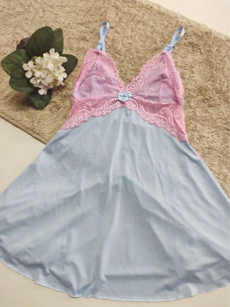 Sexy Women's Nightgown With Lace, Sleepwear - 淺藍色 - 查看 1