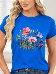 Colorful Floral Print T-Shirt For Casual Occasions And Spring - Blue - View 6