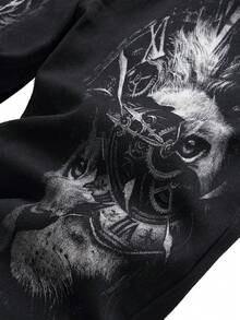 Men's Black Japanese Samurai Dragon Pattern Tight Elastic Jeans - Street Style Punk Denim Pants, Anime Splicing Printed Jeans - Black - View 3