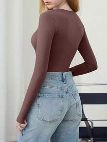 V Neck Long Sleeve Bodysuit - Comfy Double Lined Basic Top - Coffee - View 8