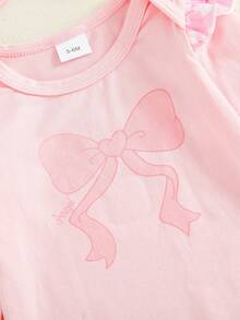 Conjunto de 3 piezas de mameluco de manga larga con estampado de lazo para niña con pantalones acampanados a cuadros y diadema para otoño - Rosa - Ver 6