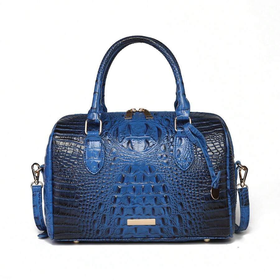 Luxury Crocodile Pattern Handbag, Retro Genuine Purse, Women's Classic Boston Bag & Shoulder Bag - 藍色 - 查看 1