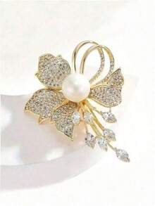 1 Pc Vintage Faux Pearl Floral Brooch For Women - Stylish Zinc Alloy Design, Ideal For Dresses/Blazers/Qipao, Daily/Party Wear & Gifting, Must-Have Accessory - Yellow Gold - View 6