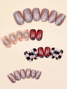 24 piezas de diseños de arte de uñas de otoño e invierno con mariposa monarca, patrones de líneas doradas y brillos a cuadros para uñas postizas cortas ovaladas - Multicolor - Ver 4