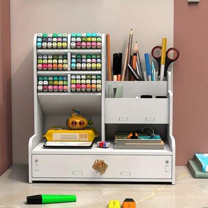 1 pieza Organizador de escritorio moderno y minimalista en color blanco con cajones y soporte para bolígrafos - Estantería independiente con estantes abiertos, acabado mate, diseño ahorra espacio para oficina en casa, escuela, aula - Compatible con bolígrafos, marcadores, artículos de papelería, suministros de oficina