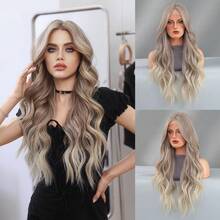 7JHH WIGS 渐变灰棕色长款波浪卷发中分合成蕾丝前假发，13x4x1 T型高清透明无胶自然发际线耐热纤维假发，适合日常派对佩戴，26英寸 - 漸變灰色 - 查看 10