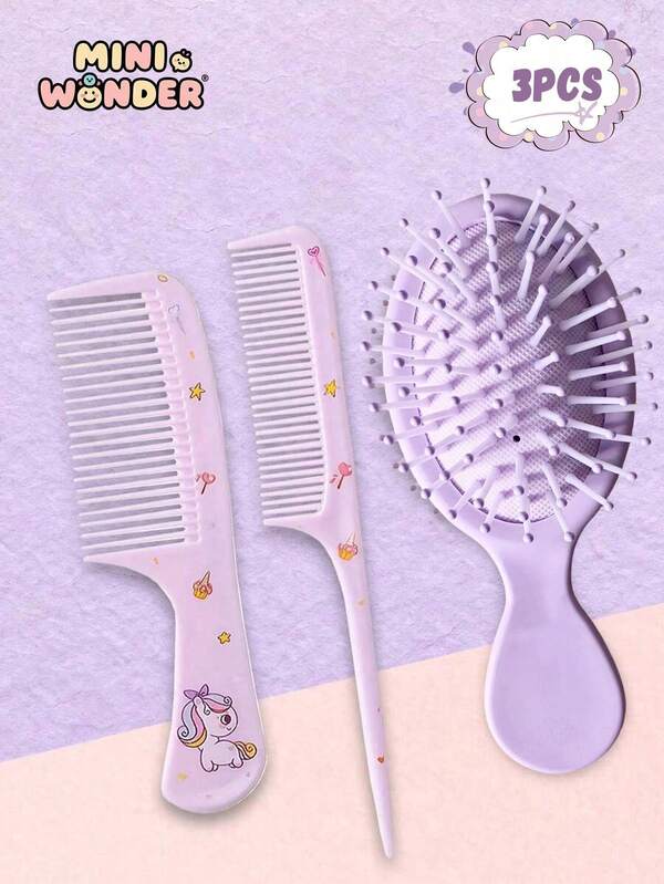3pcs Unicorn Comb Set, Cartoon Design Air Cushion Brush And Fine Tooth Tail Comb, Ergonomic ABS Handle, Durable Plastic Bristles, Perfect For Daily Hair Care/Styling/Coloring/Perming, Ideal Gift For Girls And Kids (Mini Miracle)