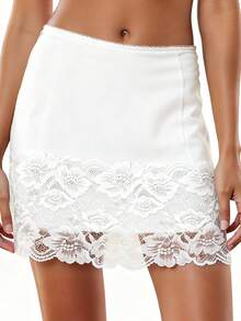 Women Satin Half Slips Low Rise Lace Trim Skirts Short Layered Underskirts Ruffle A Line Floral Lace Mini Skirts - 白色 - 查看 5