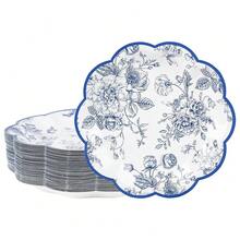Blue Floral Party Plates - Vintage Leaf Disposable Paper Plates, Wildflower Toile 7inch Scalloped Rim Dessert Plates For Christmas, Birthday, Bridal Tea Party Supplies (24 Count),BlueFloral - 藍色花香 - 查看 9