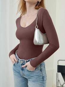 V Neck Long Sleeve Bodysuit - Comfy Double Lined Basic Top - Coffee - View 9