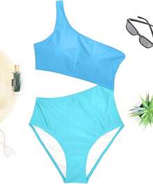 Women's Swimsuit - One Shoulder Cutout Tummy Control Bathing Suit - Màu xanh lam - Xem 5