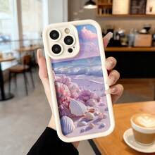 Cubierta de teléfono con borde negro diseño de playa rosa con conchas y cielo nublado para uso diario en cafeterías y viajes Aplicable a los teléfonos de la serie Apple y Galaxy - Café integral - Ver 4