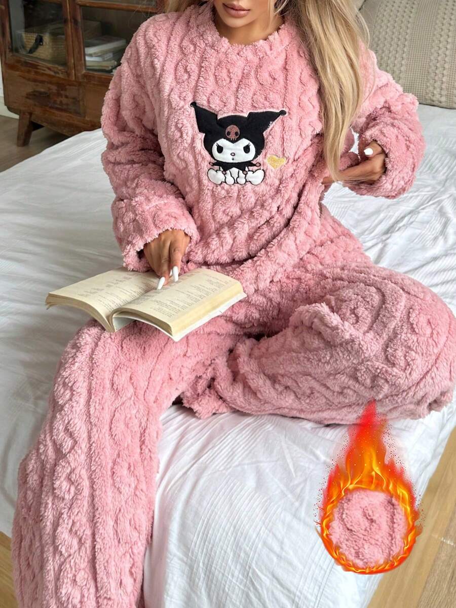 SANRIO Bộ 2 áo nỉ dày tay dài rộng rãi cho nữ + quần dài thoải mái mặc nhà mềm mại, quần áo thu/đông - Bụi hồng - Xem 1