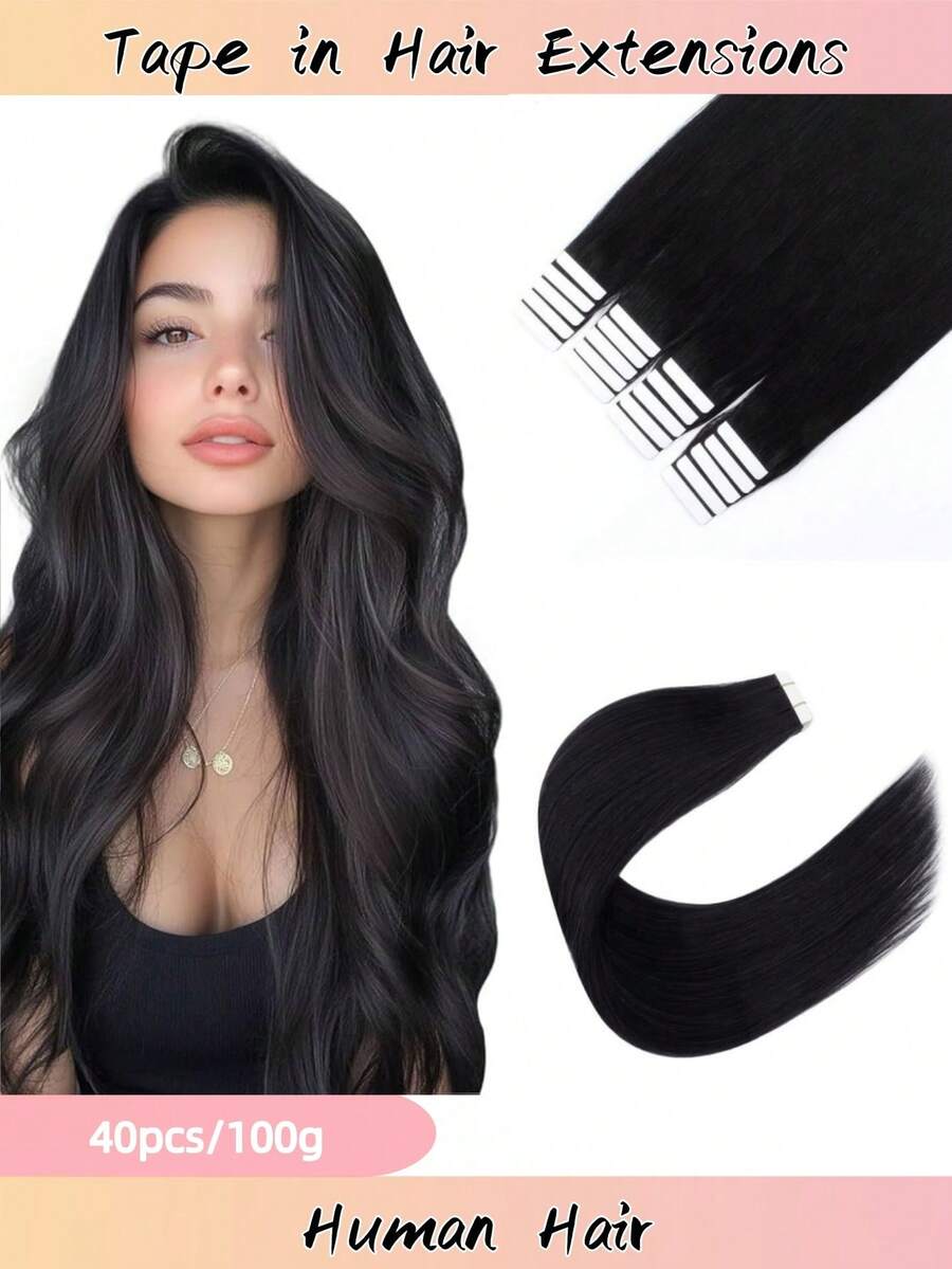 40pcs/100G , Thick Tape In Human Hair Extensions ,Seamless Invisible Skin Weft Extensions , Remy  Human Hair,Silky Straight For Fashion Women  ,10-26inch ,Easy To Apply (Natural Black 1B# ) - Natural Black - 查看 1