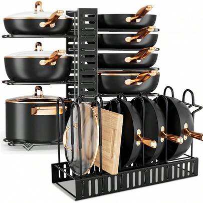 Estante de Ollas(ás grueso), Organizador de Ollas y Sartenes de 8 Capas, Organizador de Sartenes para Armario, 3étodos de Bricolaje, Ajustable para Almacenar y Organizar Gabinetes de Cocina