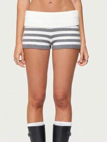 Women Striped Knit Micro Shorts Fold Over Elastic Waist Slim Fit Mini Bottom Y2k Lounge Sweater Shorts - Xám - Xem 1