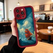 Cubierta de teléfono con borde negro y diseño de barco pirata en el mar azul para iPhone 14 Pro Max estilo vintage ideal para uso diario en cafeterías y viajes Aplicable a los teléfonos de la serie Apple y Galaxy - Burdeos - Ver 2
