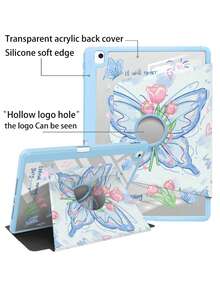 1 件商品，iPad 10/9/11 2025 蓝色花园蝴蝶图案双面高清印刷蝴蝶图案旋转保护壳，透明亚克力后盖，防摔耐磨，自动唤醒/睡眠，多角度支撑，笔槽，办公学习必备，非磁性。 - 藍色 - 查看 3