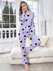 Women's Casual Heart Print Crew Neck Long Sleeve Top And Pants Set - Mauve Purple - View 5