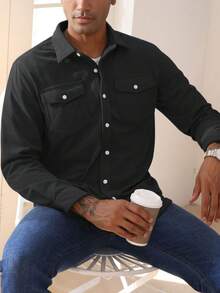 Men's Corduroy Button-Up Shirt Jacket Long Sleeve Lightweight Outwears Solid Casual Shacket With 2 Flap Pockets, Black - Black - View 4