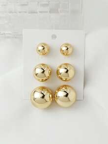 1 Set Of 3 Pairs Fashionable Elegant Exaggerated Glossy Gold Ball Stud Earrings Set, Suitable For Women's Daily Wear - Gold - View 4