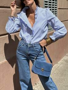 Nueva diseño de camisa de manga larga con cuello en V a rayas, con volantes en los bordes, de color azul a rayas, blusa casual de un solo pecho - Azul - Ver 2