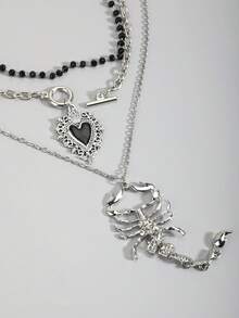 3件套复古哥特风串珠黑色爱心项链，OT链，水钻蝎子项链，朋克摇滚复古甜美哥特十字架吊坠项链，暗黑哥特欧美Y2K风格颈链设计 - 銀色 - 查看 5