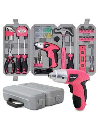 粉色家用工具套装，包含电动螺丝刀、钳子等多功能工具，带零件盒，可拆卸小螺丝，无线可充电锂电池，电动工具箱维修套装，家用基本维修工具，塑料套装，便携方便