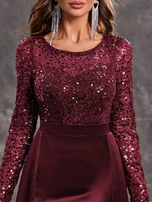 YISIKADO Váy dạ hội dài tay cổ tròn bằng vải satin sequin tương phản dành cho nữ, váy maxi thanh lịch, kín đáo, dành cho khách dự tiệc cưới, tiệc tốt nghiệp, tiệc tối - Màu Đỏ Sâu - Xem 6