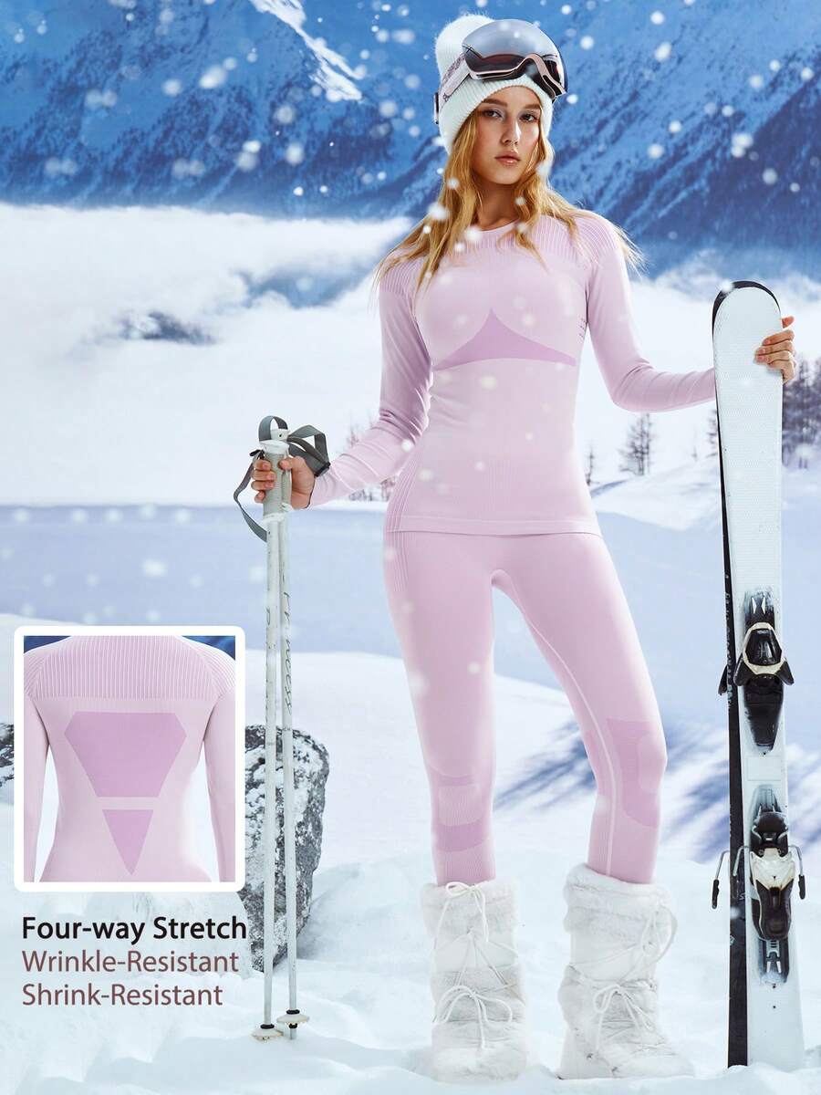 Leorrey 1 Set Women's Seamless Elastic Breathable Yoga, Fitness, Running, Outdoor, Skiing Long Sleeve Top And Long Pants Sports Suit - Purple - View 1