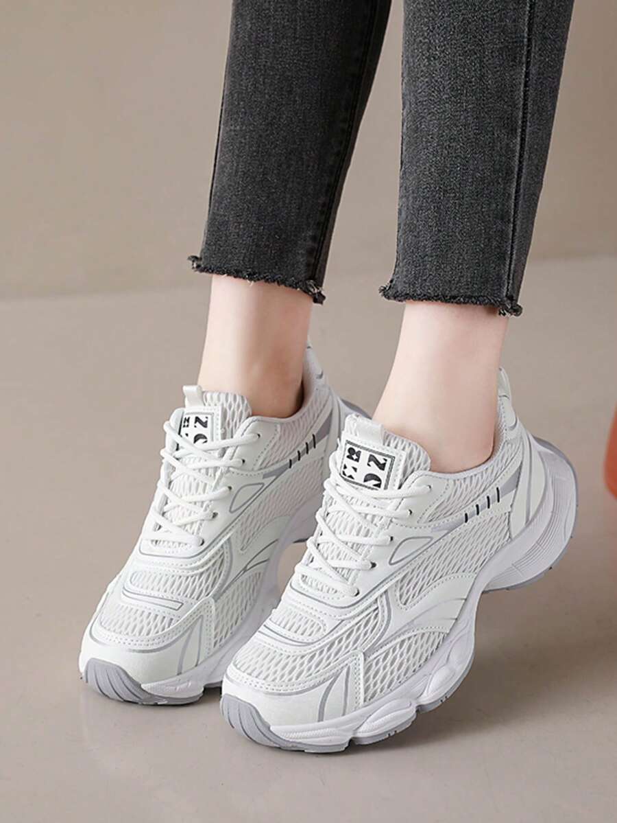 Women's Casual Thick Sole Sneakers, Breathable Mesh Material, Cushioned Sole, Lace-Up, Lightweight & Comfortable, Fashion Sports & Leisure Shoes For Spring & Autumn - White - View 1