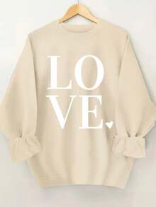 2026 New Year Cotton Sweatshirt Plus Size Love Print Sweatshirt, Casual Long Sleeve Round Neck Pullover Sweatshirt, Women's Plus Size Clothing Loose And Comfortable Winter Clothes For Women - Màu be - Xem 12