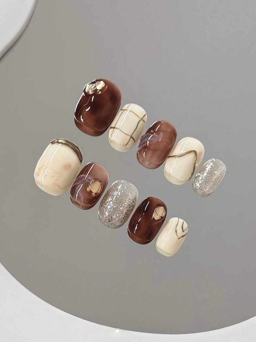 10pcs Amber Brown Ombre Autumn/Winter Handmade Acrylic Press On Nails, Brown Cat Eye Maple Leaf Plaid Fake Nails, Medium-Length Almond False Nails, DIY Nail Art Supplies, Reusable, With Jelly Glue And Nail File - Brown - View 1