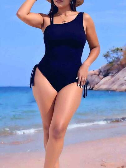 Swim Vcay Traje de baño de una pieza de unicolor y estilo simple para uso diario en verano para mujeres de talla grande