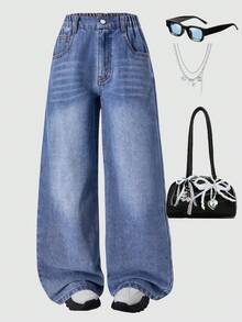 Girls' Washed Casual Straight Leg Jeans With Slant Pockets - Blue - View 1