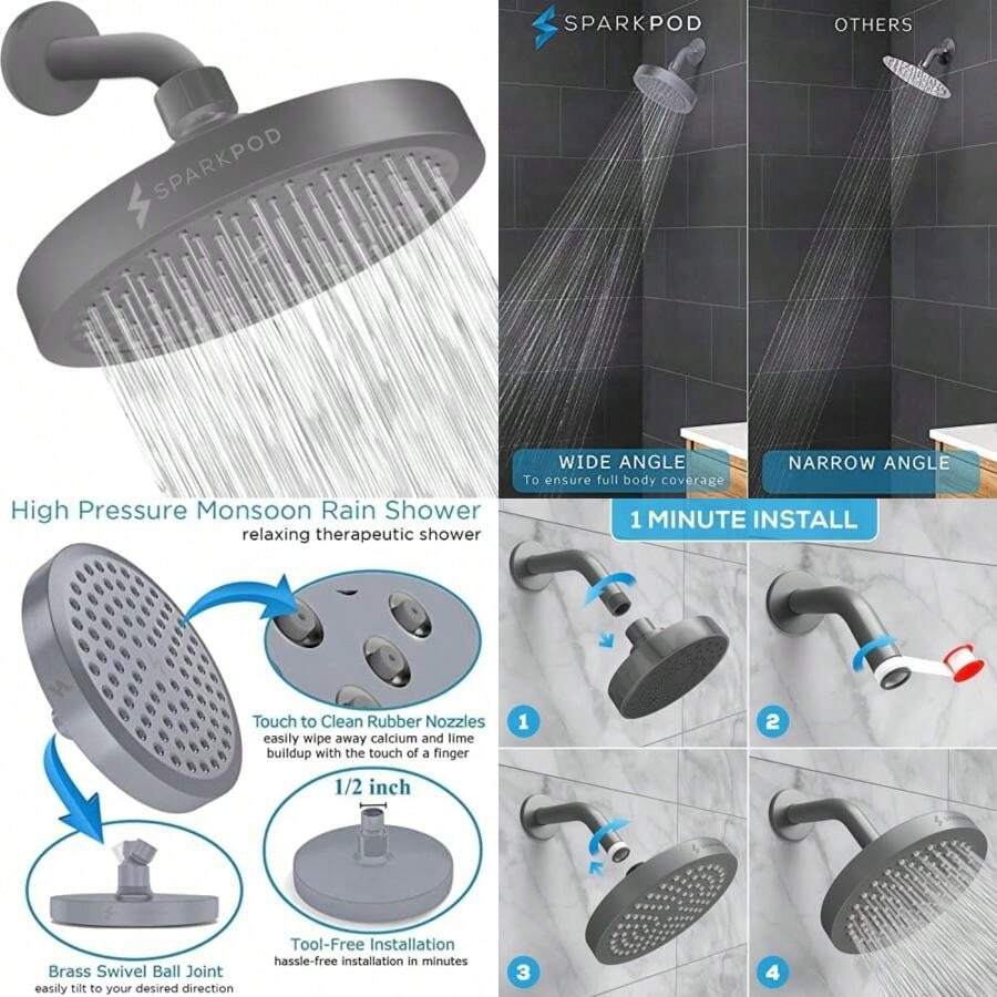 SparkPod Cabezal de ducha de lluvia de presión, los mejores cabezales de ducha para baño, ángulo ajustable para la máxima ducha de baño, instalación en 1 minuto, ajuste universal (negro mate)(6" Round ‎Gris (Carbón) - 6" Round) - Multicolor - Ver 1