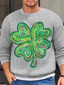 St Patrick's Day Shamrock Sweatshirt Men's Green Glitter Four Leaf Clover Crewneck Pullover Casual Holiday Apparel For St Patrick's Day Celebration - 灰色 - 查看 1