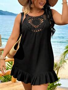 Swim Vcay Plus Size Women's Solid Color Sleeveless Hollow Out Cover Up,Summer Beach - Black - View 6