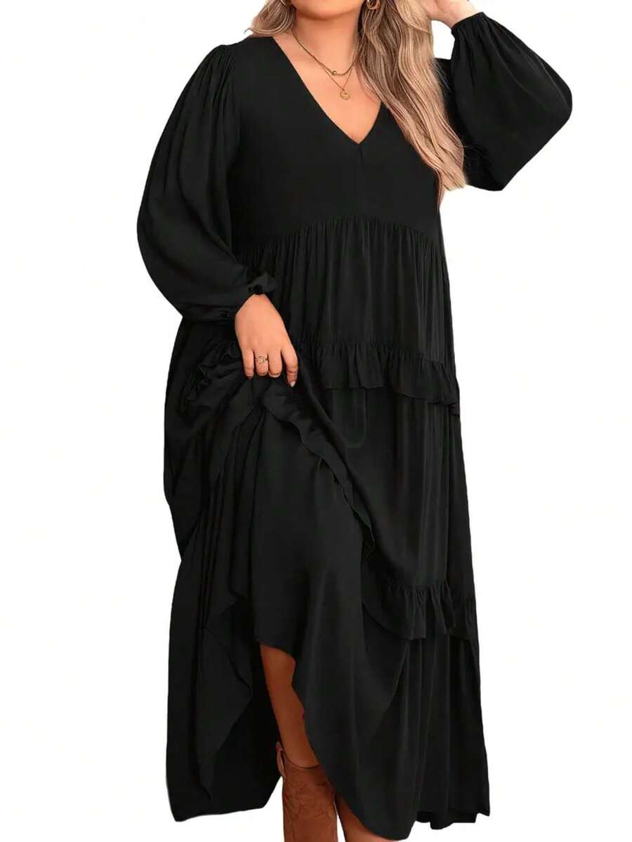 Robe ample noire à encolure en V, manches lanternes, volants à l'ourlet, élégante pour le printemps, taille grande - Noir - Voir 1
