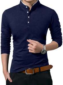 95%纯棉男士立领纽扣门襟长袖Polo衫 - 藏蓝色 - 查看 3