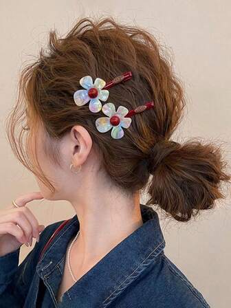 2pcs Korean Colorful Floral Hair Clips, Flocked Faux Pearl Flower Hair Clips, Niche Design Side Bangs Flower Hair Clips, Girlish Bangs & Flyaway Hair Clips, Hair Accessories, Claw Clips, Hair Slide, Hair Barrettes