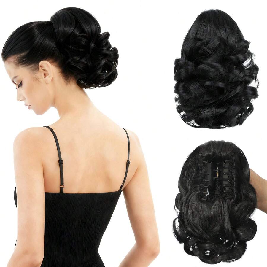 Extensão de rabo de cavalo preta, rabo de cavalo com presilha para mulheres, extensão de cabelo curto e ondulado com presilha de 23 cm para mulheres - Preto - Ver 1