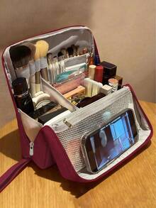 Upright Cosmetic Bag, Large Capacity Multi-Functional Portable Travel Business Toiletry Bag, Spacious Stationery Storage Bag, Multi-Compartment Design + Durable Fabric + Mesh Pockets, Portable Skincare Products Storage, Gift For Women, Christmas Gift, Great Gift For Her - Multicolor - View 13