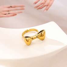 1PC Cute Elegant Minimalist Stainless Steel 18K Gold Plated Ring With Polished 3D Bowknot Design Adjustable Open Band Dainty Finger Jewelry For Women For Daily Wear, Party, Date, Anniversary, Birthday, Valentine's Day, Christmas Gift And Fashion Street Style Look