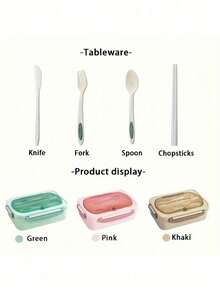 1 pezzo Lunch box con due scomparti, set di posate incorporato, riutilizzabile e riscaldabile a microonde (con coperchio rimosso), adatto per cucina, esterno, forniture scolastiche e utensili da cucina