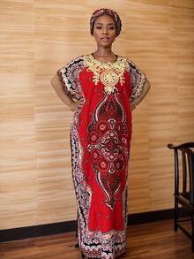 Elegant African Plus Size Maxi Tunic Dress For Women With Round Neck And Batwing Short Sleeves Long Woven Fabric Tunic Style - 紅色 - 查看 5
