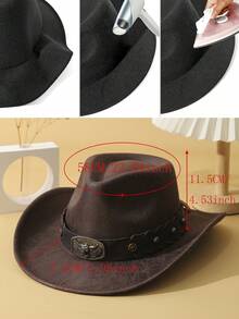 1pc Unisex Cattle Head & Belt Decor Handmade Panama Hat Wide Brim Cowboy Hat PU Cowgirl Hat Western Suitable Soft Felt Hat Fedora Hat - Coffee Brown - View 4