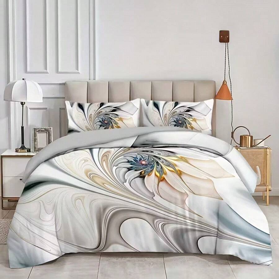 3pcs Luxury Marble Pattern Bedding Set, Soft & Breathable Fabric, Machine Washable, Suitable For All Seasons (1pc Duvet Cover + 2pcs Pillow Shams, No Filling), Ideal For Bedroom And Guest Room Decor - White - View 1